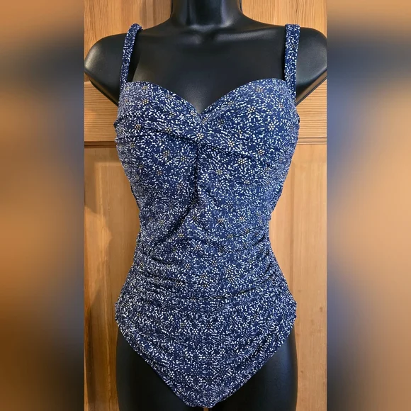Niptuck Size 10 Navy Blue and White Swimsuit With Gold Flowers Slimming Cruise - Picture 2 of 7